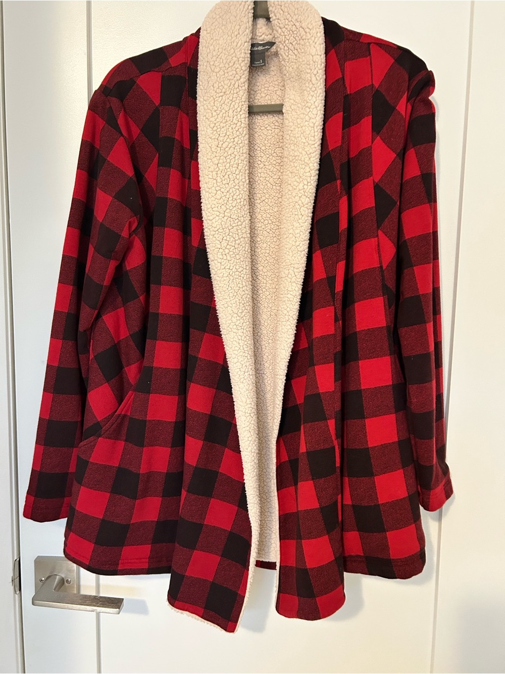 Eddie Bauer Red & Black Buffalo Plaid Teddy Jacket with Cream Sherpa Lining